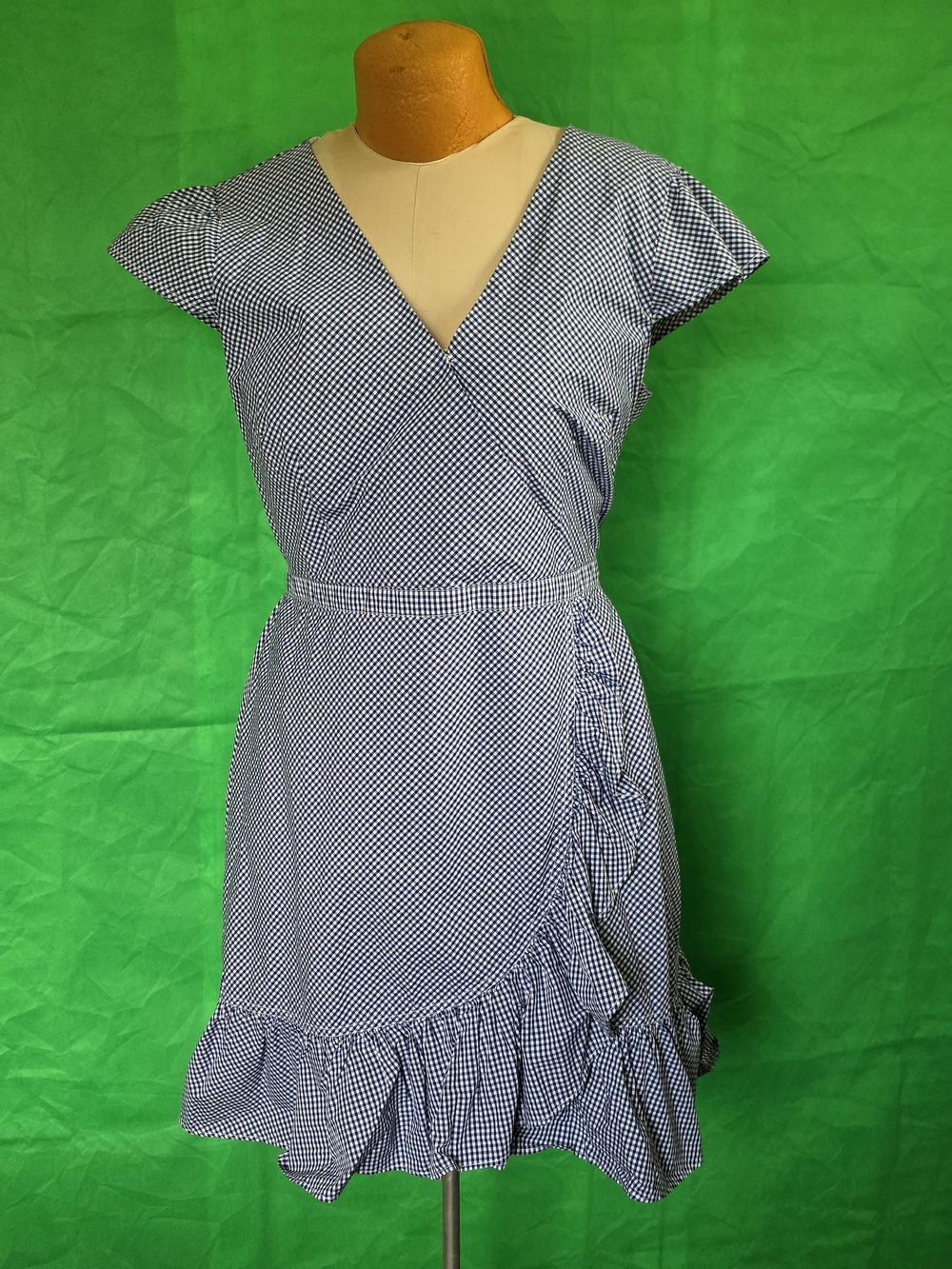 J.Crew Preppy Blue Gingham 100% Cotton Ruffle Faux Wrap Dress NWT 14